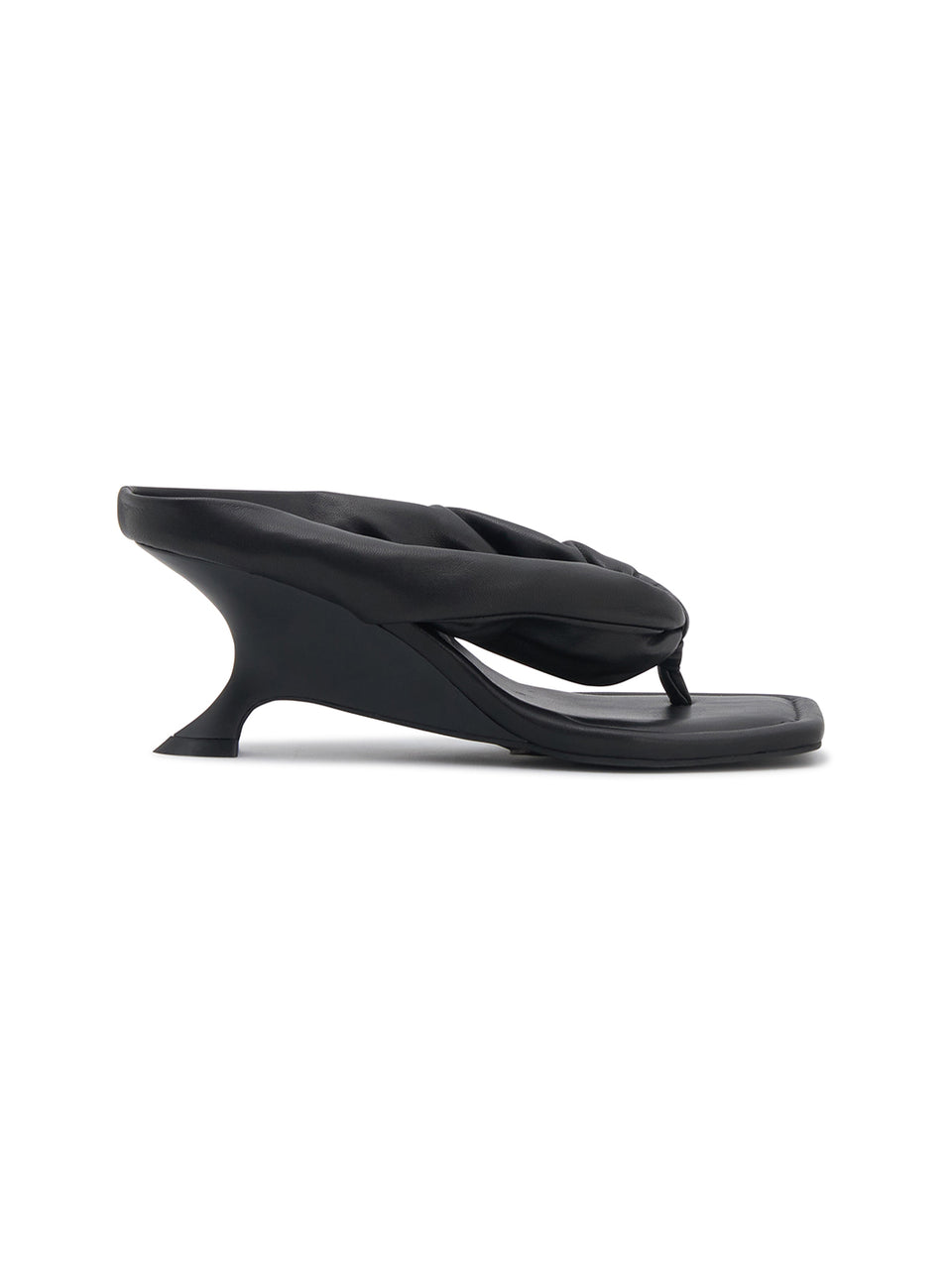 Black sandal with a unique design on a white background