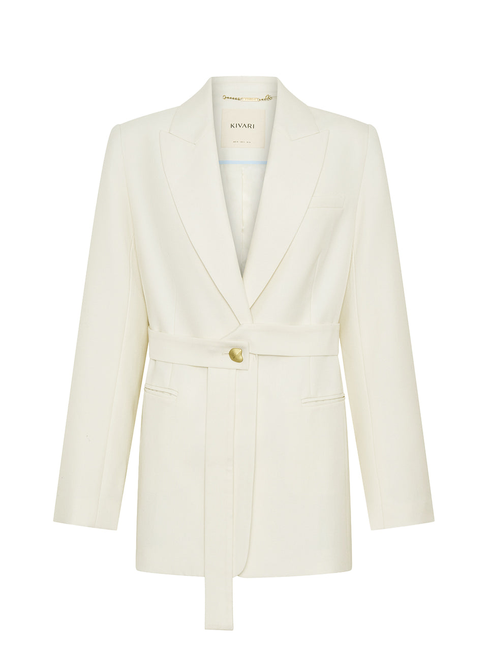 White blazer with a gold button on a white background