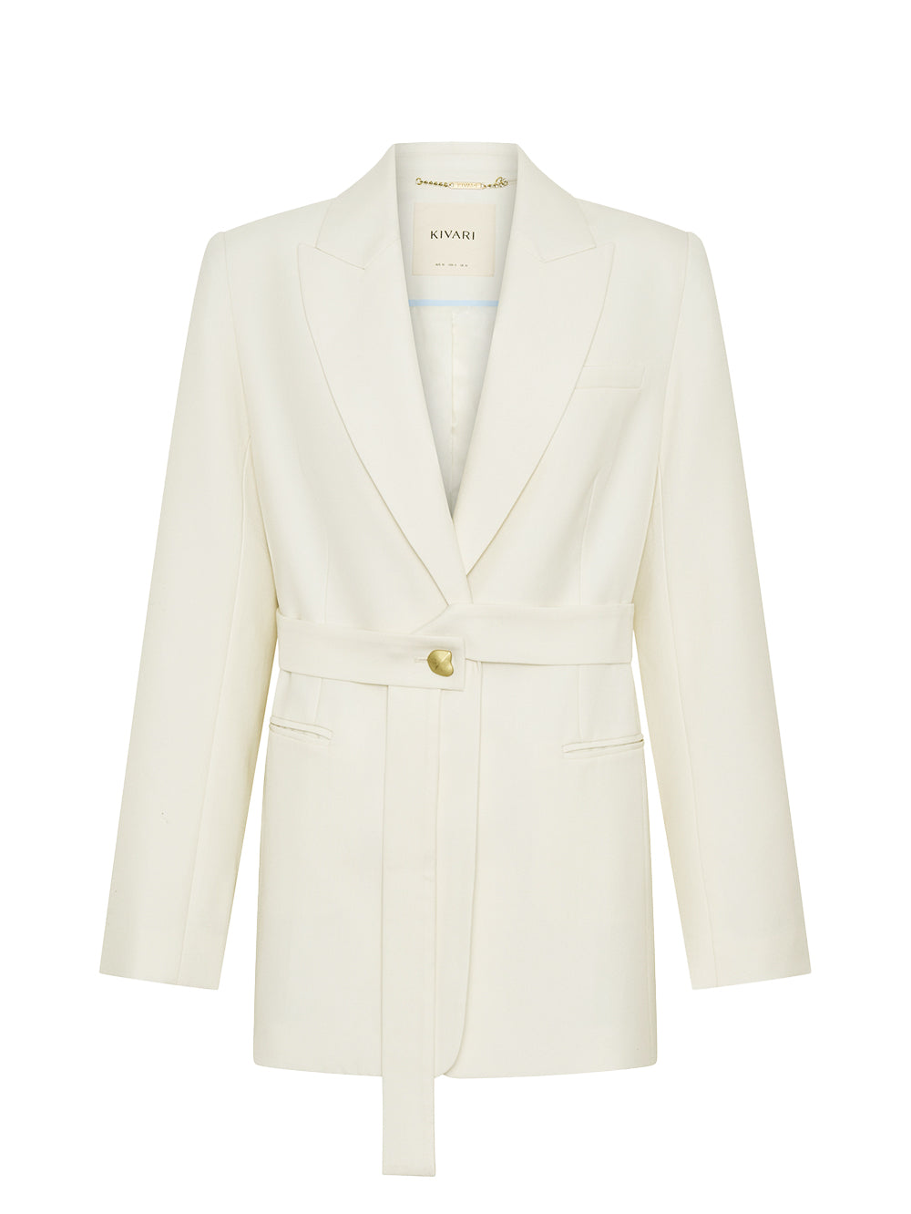 White blazer with a gold button on a white background