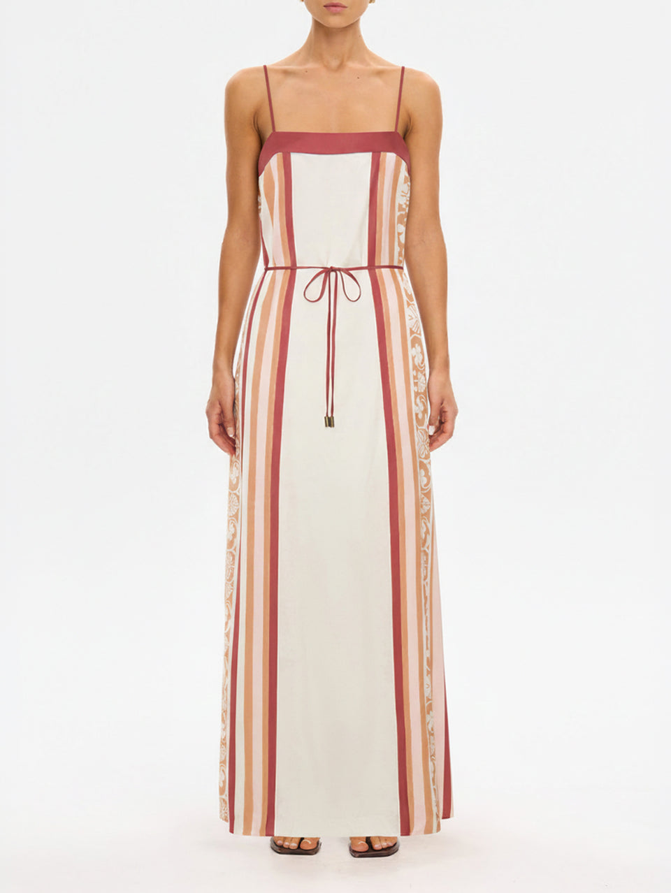 KIVARI Lilia Maxi Dress in cream stripe – three-quarter view of women's linen maxi dress with tie waist and floral lace panels