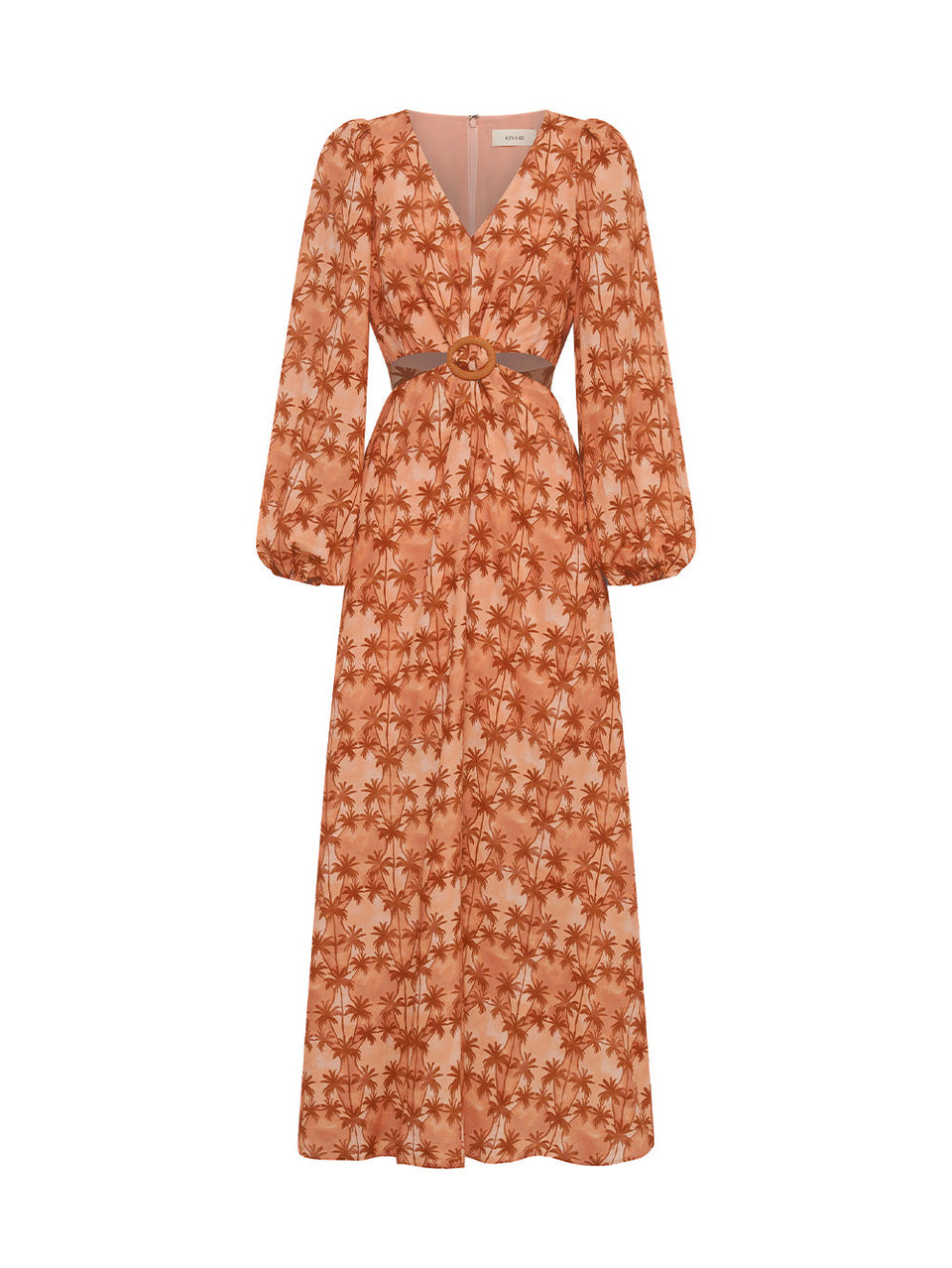 Leilani Cut Out Maxi Dress KIVARI | Bronze and peach palm printed maxi dress