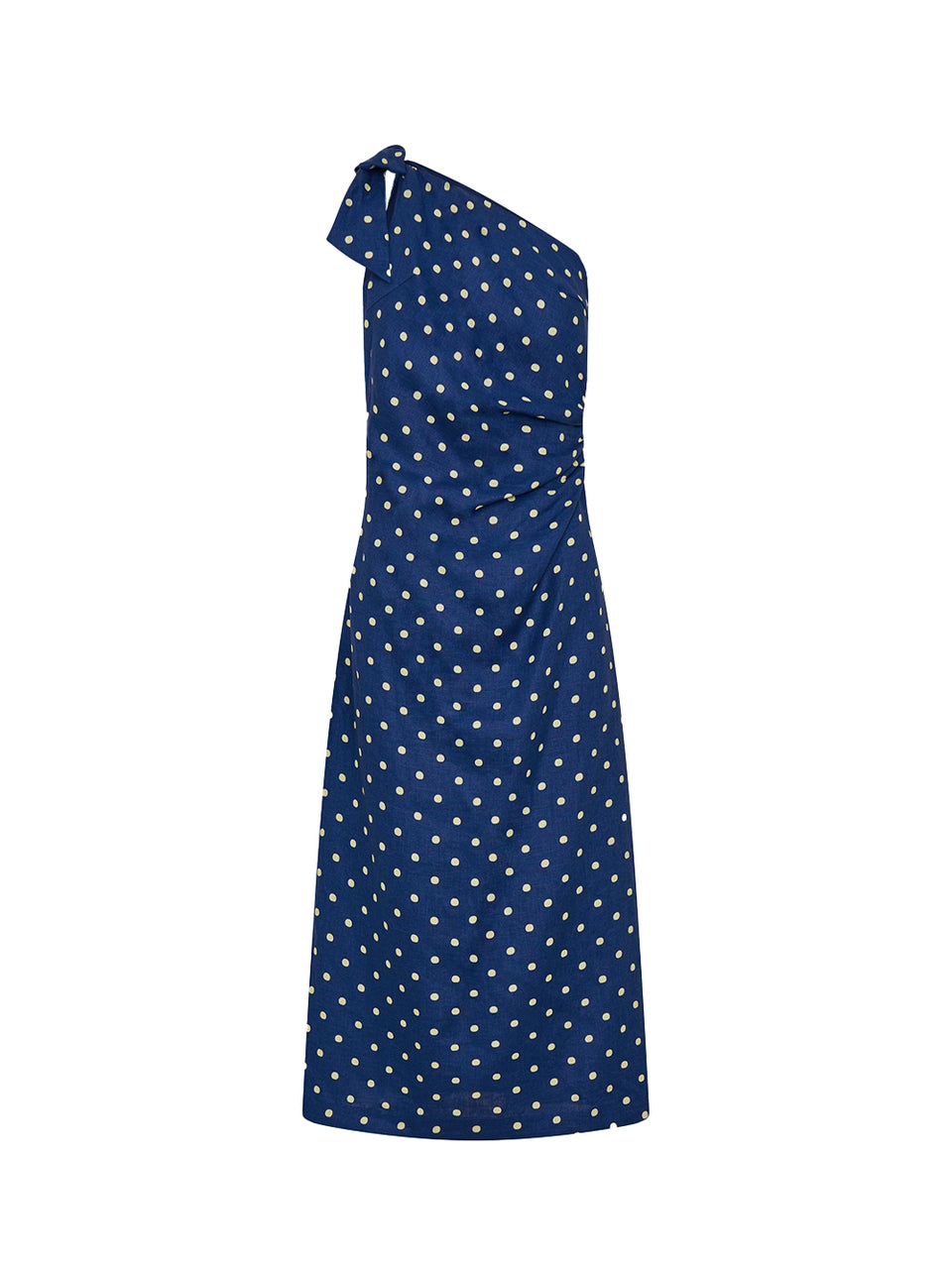 Navy one-shoulder dress with white polka dots on a white background