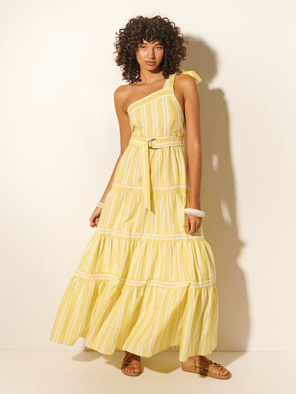 Lola Maxi Dress KIVARI | Model wears yellow and white striped maxi dress