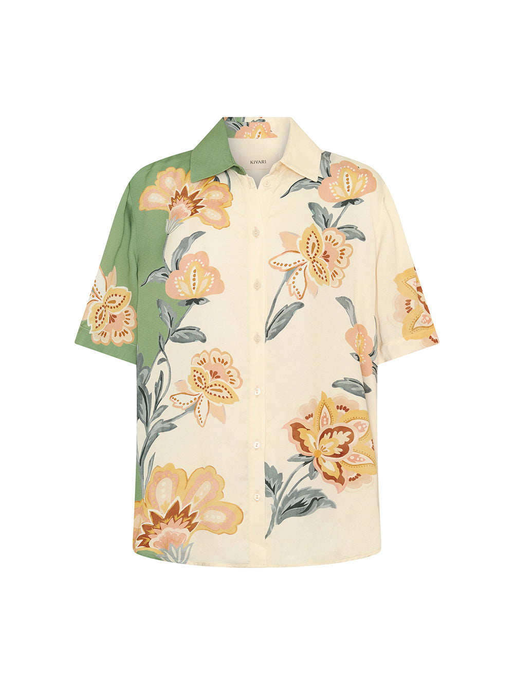 Lotte Shirt in Green Cream, short-sleeve button-up shirt with floral print and color-block design