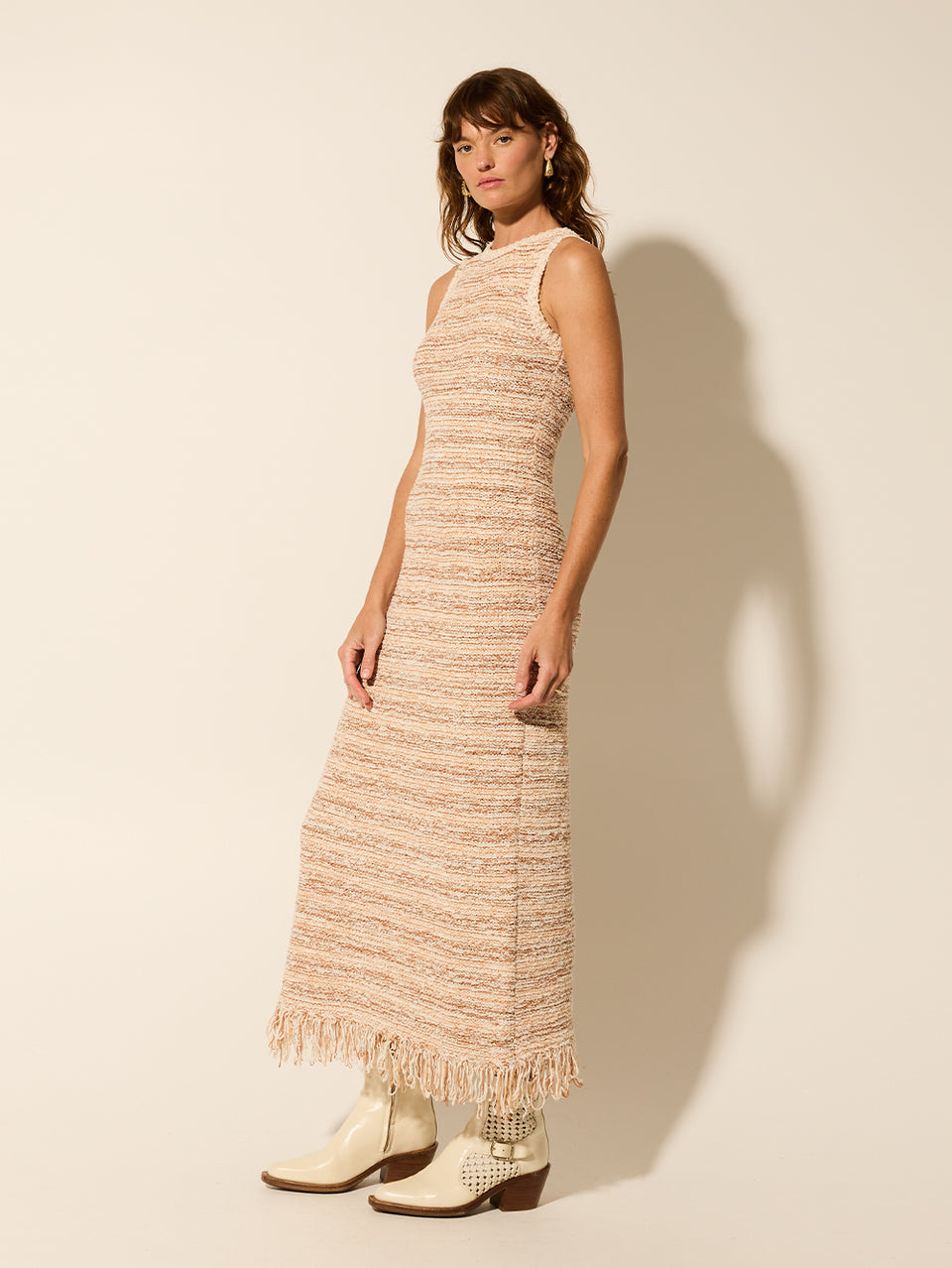Luciana Knit Dress KIVARI | Model wears knit stripe dress side view