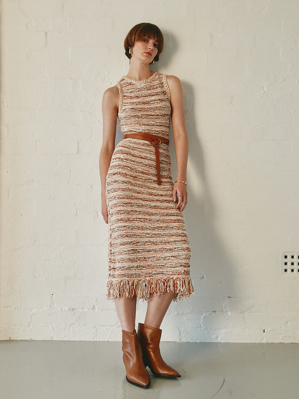 Luciana Knit Dress KIVARI | Model wears knit stripe dress campaign