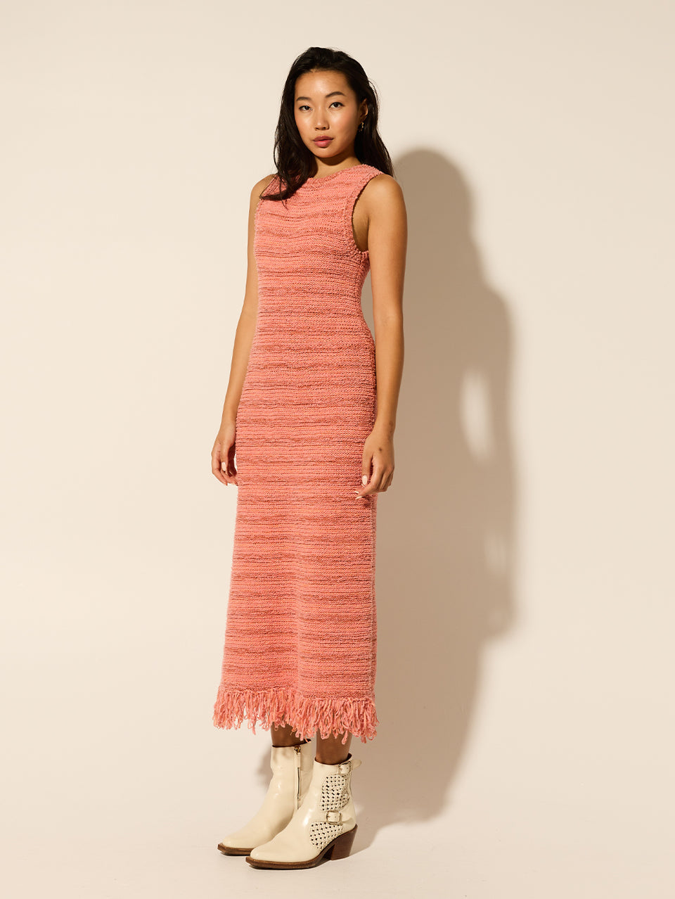 Luciana Knit Midi Dress Pink KIVARI | Model wears pink knit midi dress side view