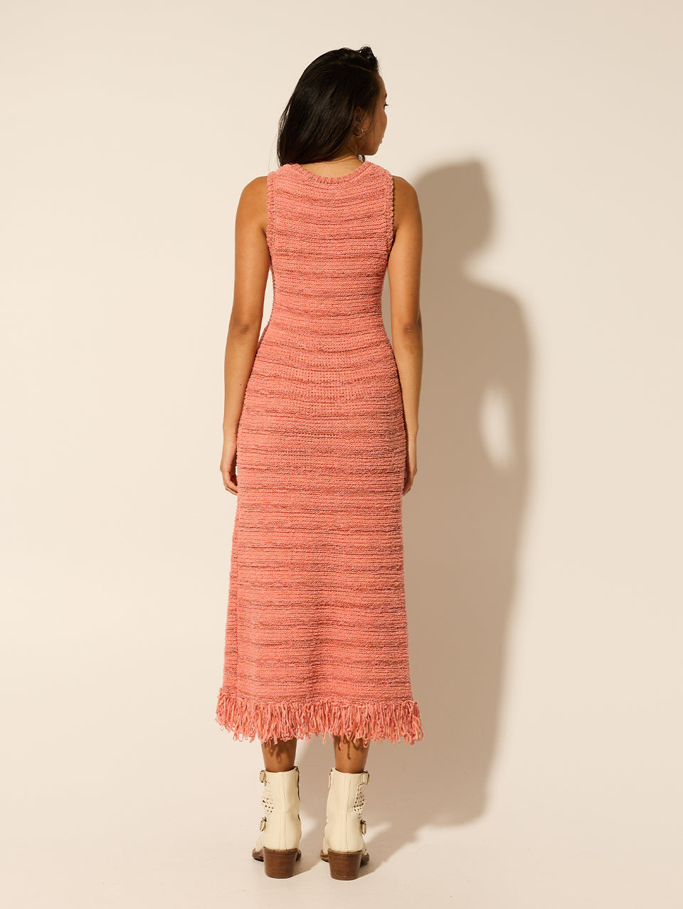 Luciana Knit Midi Dress Pink KIVARI | Model wears pink knit midi dress back view