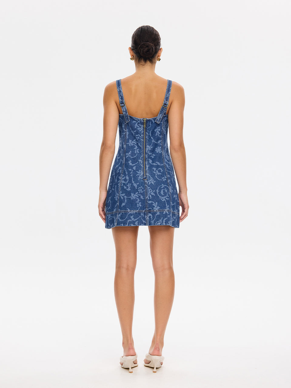 Oriana Denim Dress in Elina print, back view of floral jacquard mini dress with zipper detail
