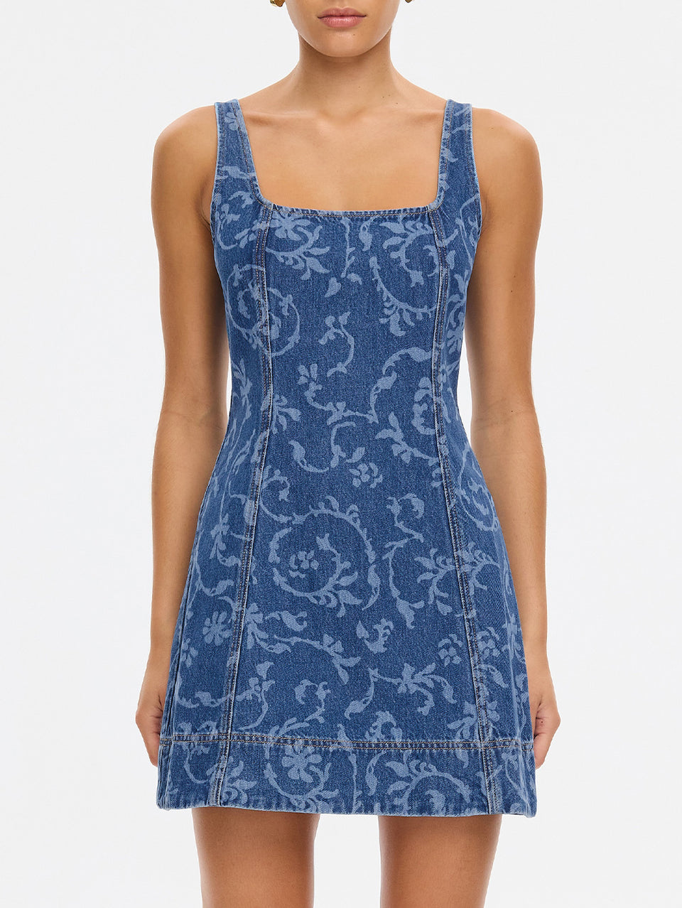 Oriana Denim Dress in Elina print, sleeveless mini dress with floral damask pattern and square neckline