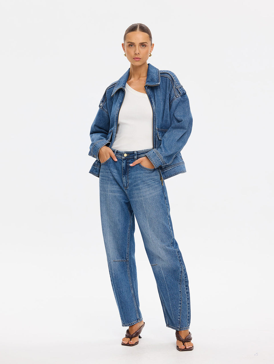 KIVARI Dylan Jeans in Drift Blue – wide-leg jeans styled with an oversized denim jacket, full-length view