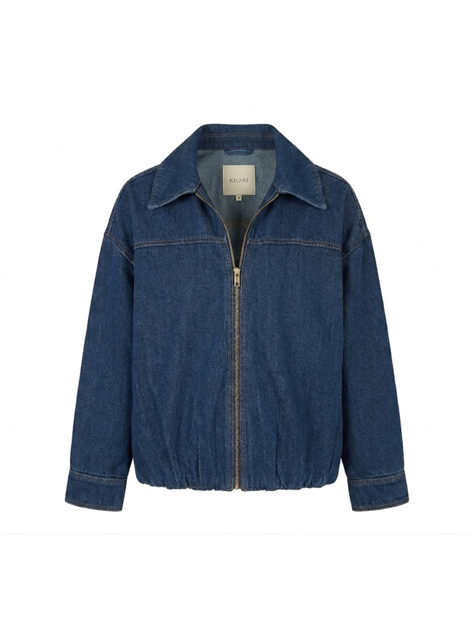 KIVARI Mara Denim Jacket in blue - zip-up women's denim jacket with collar, ghost mannequin product photo
