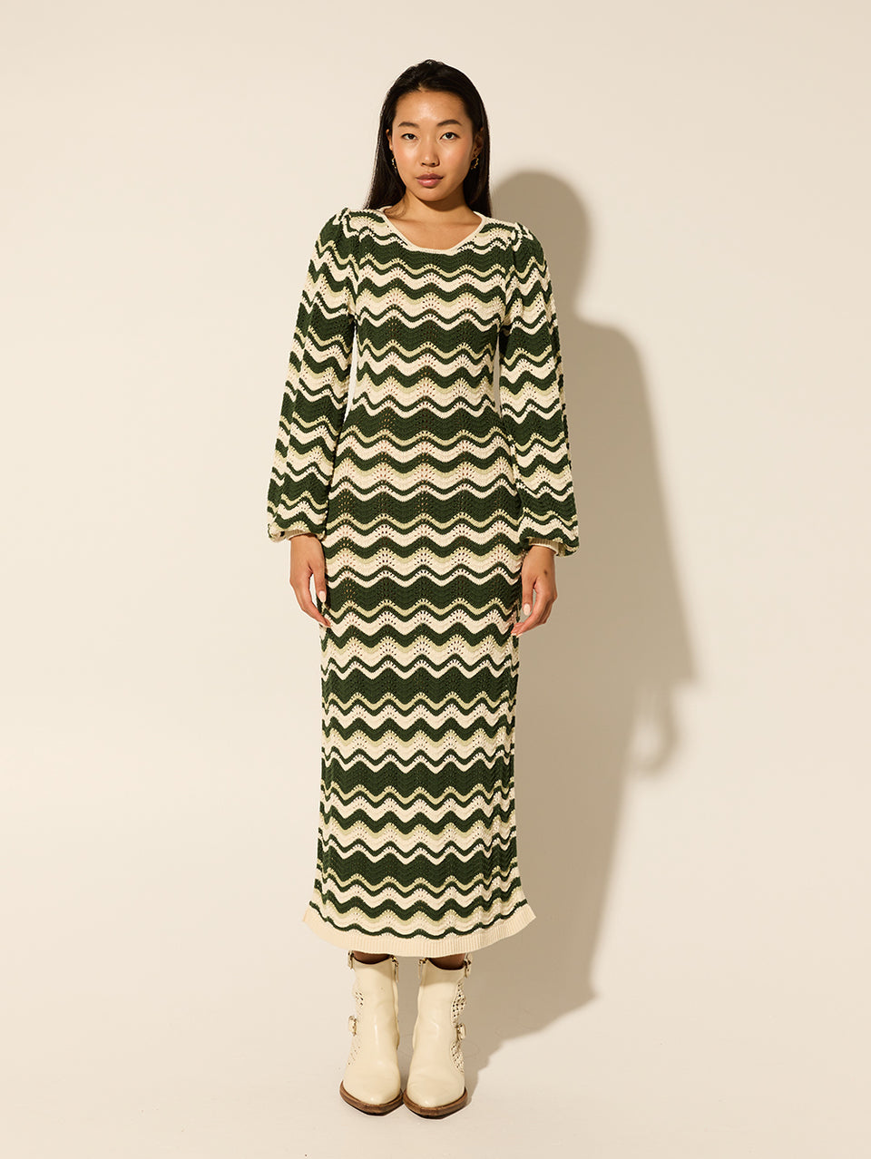 Marcella Knit Midi Dress KIVARI | Model wears green and cream knit midi dress