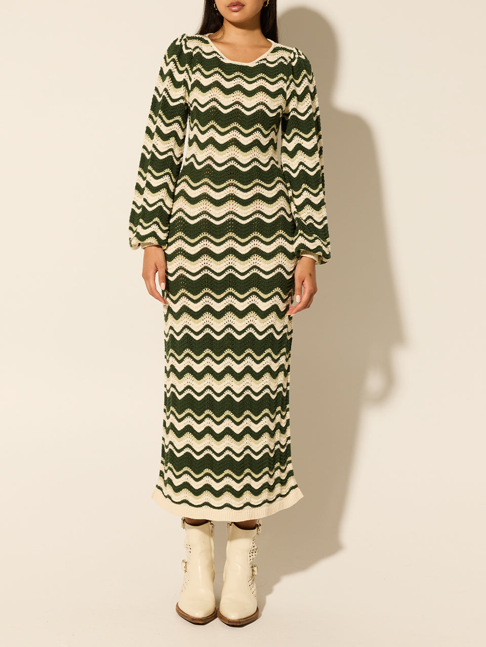 Marcella Knit Midi Dress KIVARI | Model wears green and cream knit midi dress