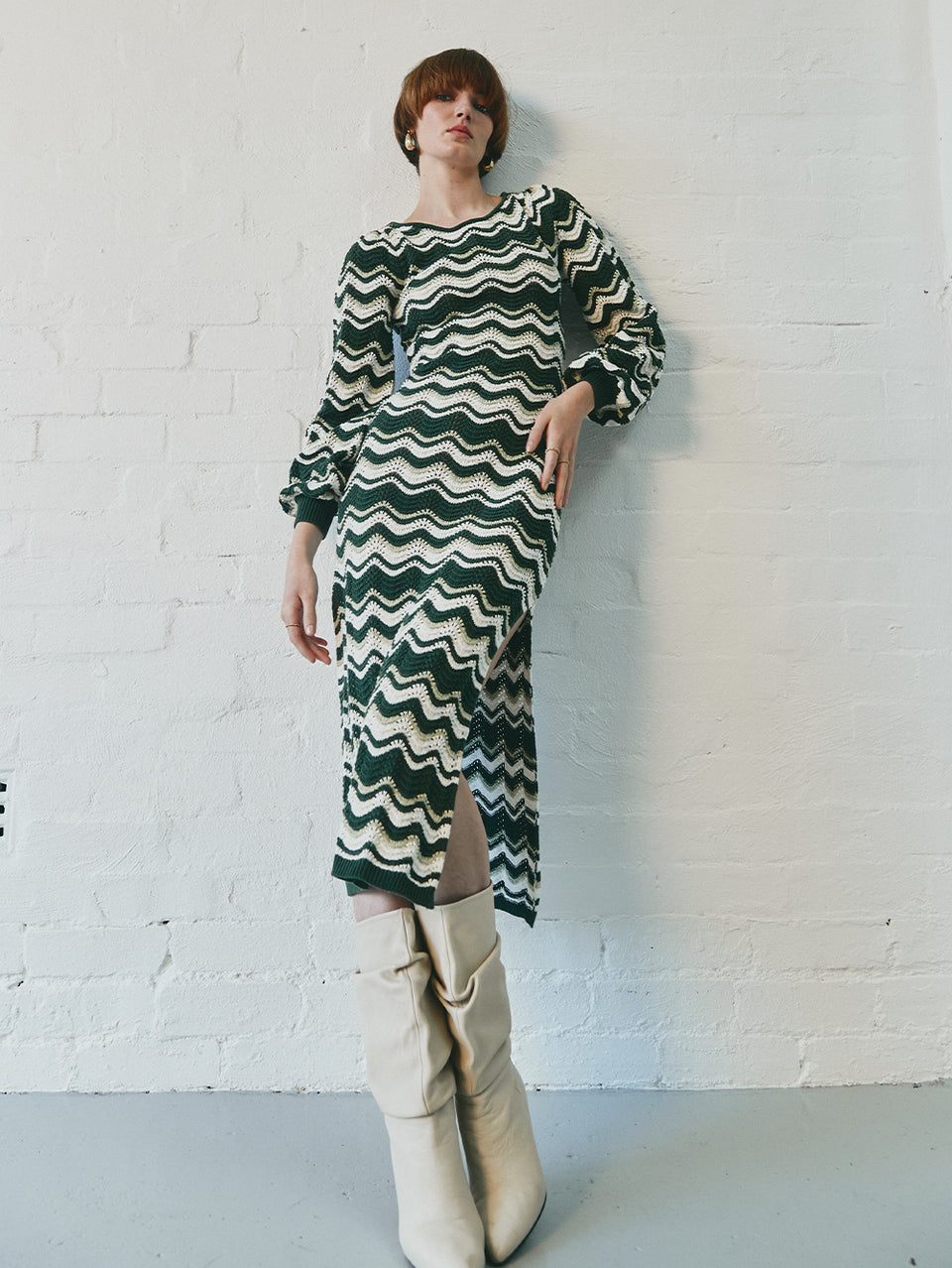 Marcella Knit Midi Dress KIVARI | Model wears green and cream knit midi dress campaign
