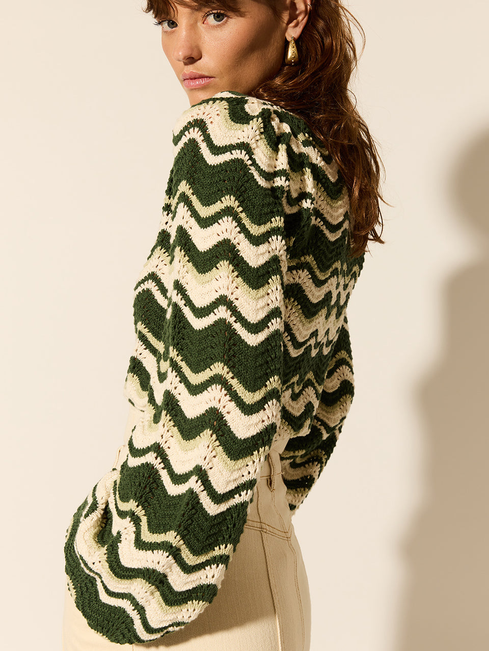 Marcella Knit Top KIVARI | Model wears green and cream knit top