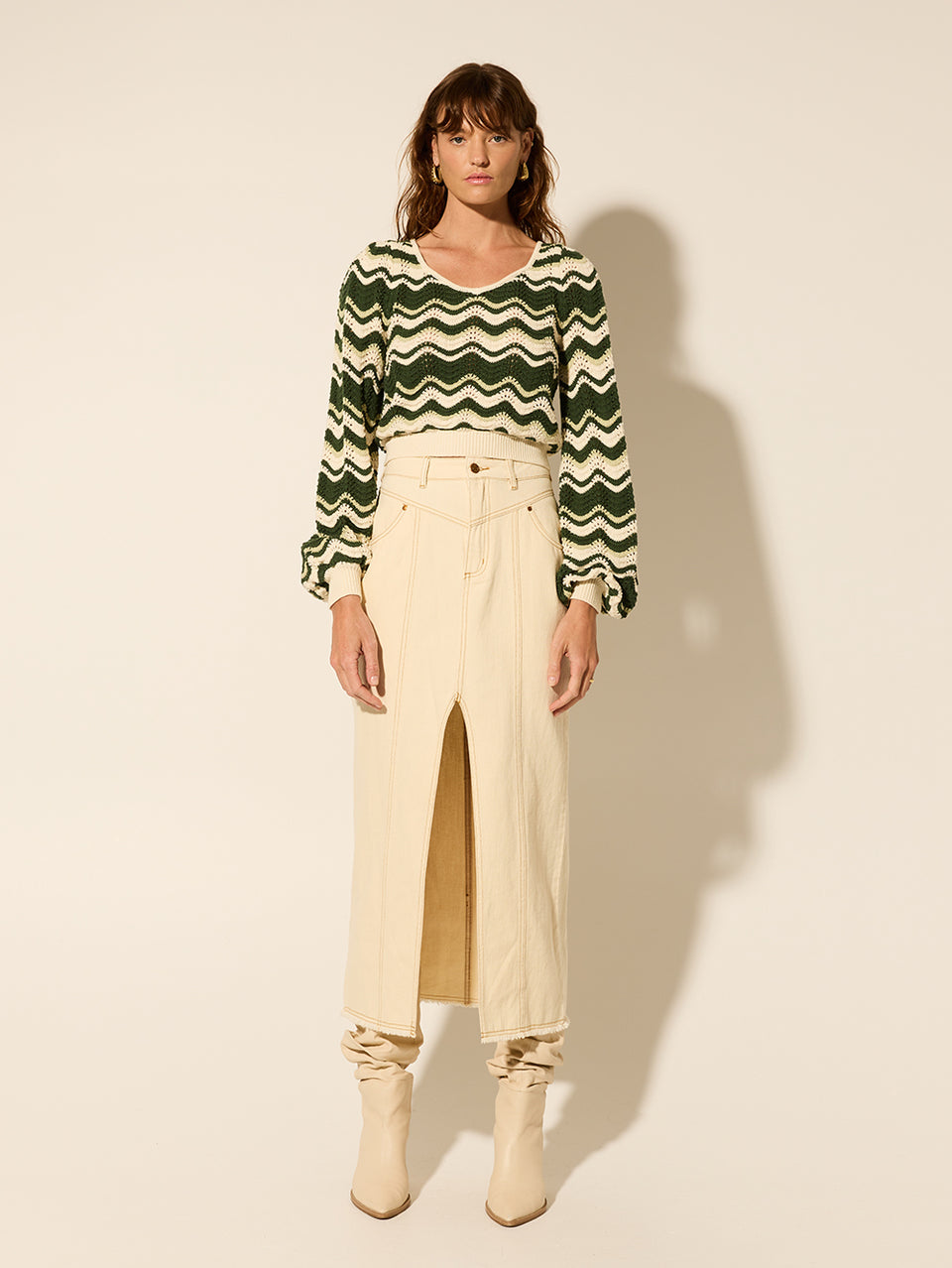Marcella Knit Top KIVARI | Model wears green and cream knit top