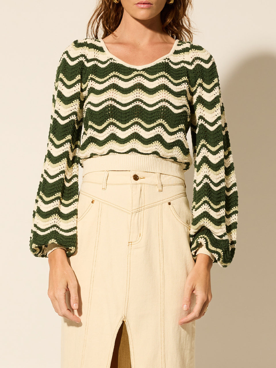 Marcella Knit Top KIVARI | Model wears green and cream knit top close up