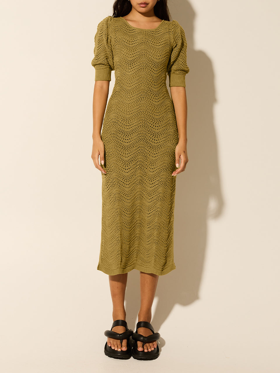 Mariana Knit Midi Dress Khaki KIVARI | Model wears khaki knit midi dress