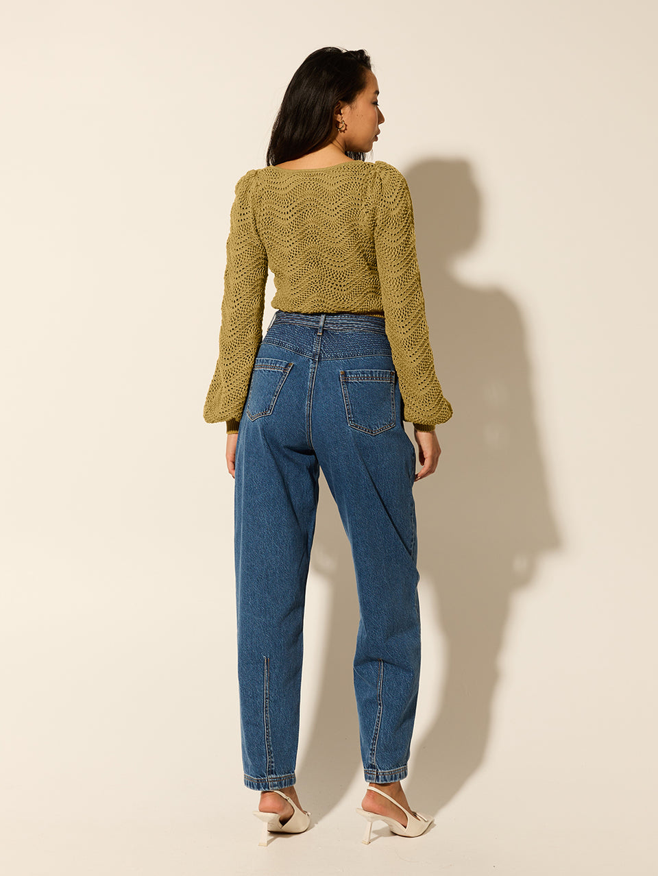 Mariana Knit Top Khaki KIVARI | Model wears khaki knit top back view