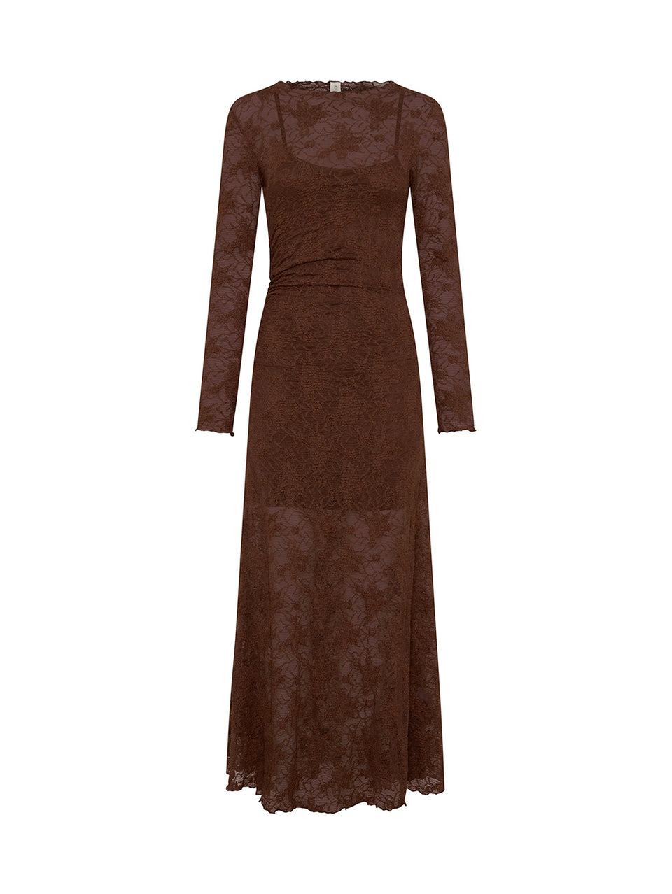 KIVARI Marie Lace Maxi Dress in chocolate brown - long sleeve lace maxi dress, ghost mannequin product photo