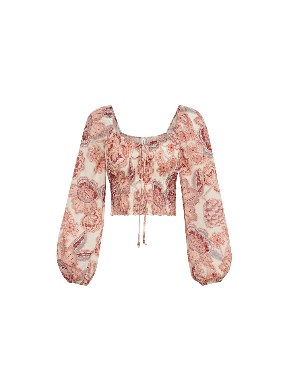 Ghost image of KIVARI Maya Crop Top: A pink and red floral on a natural base featuring an elasticated neckline, full-length blouson sleeves and a shirred bodice.