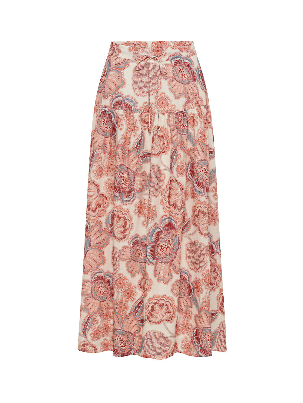 Ghost image of the KIVARI Maya Maxi Skirt: A pink and red floral on a natural base featuring a flat waistband front and elasticated back with front tie, side zipper and a gathered tiered skirt.