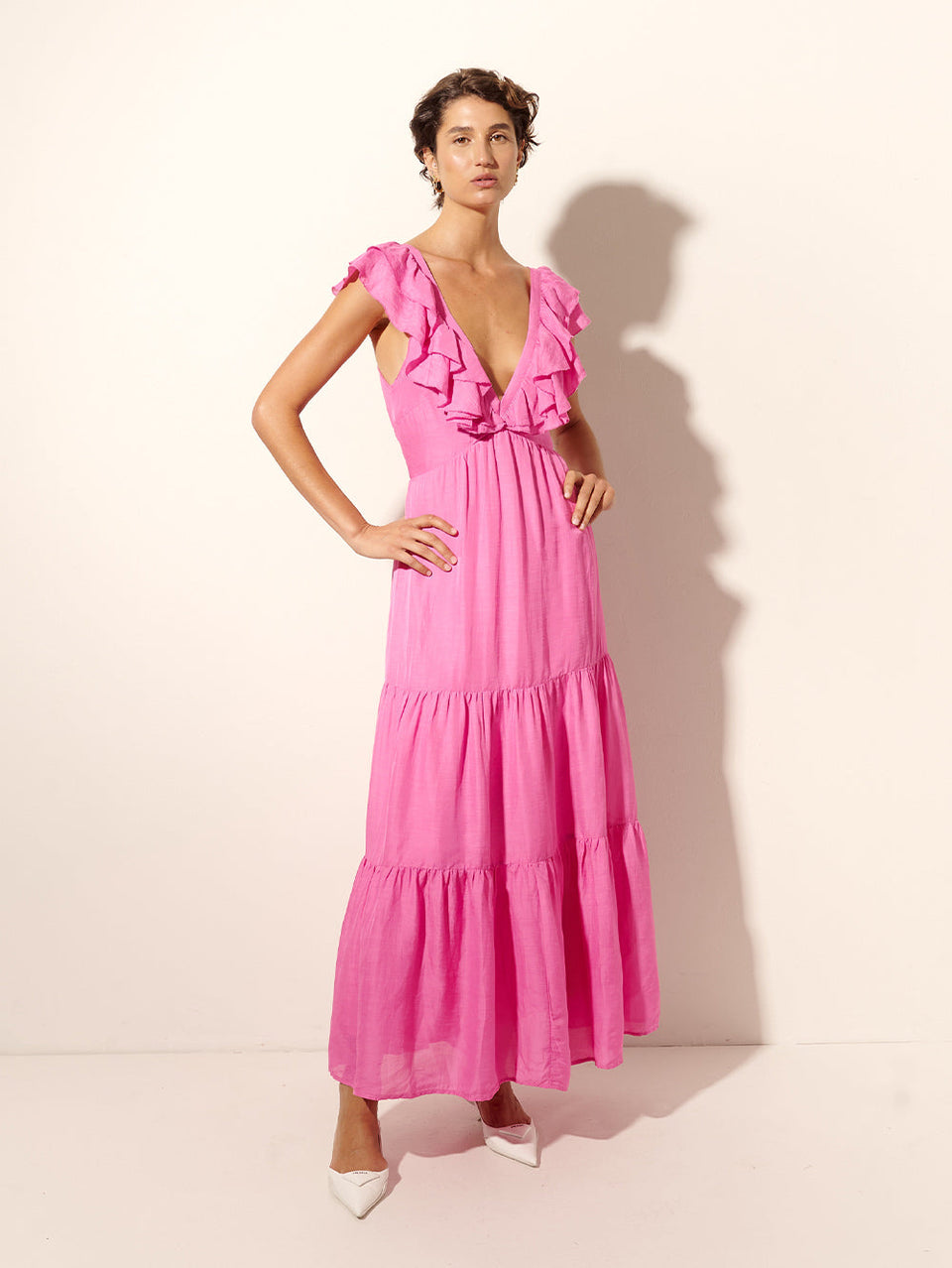 Millie Maxi Dress KIVARI | Model wears pink frilled maxi dress