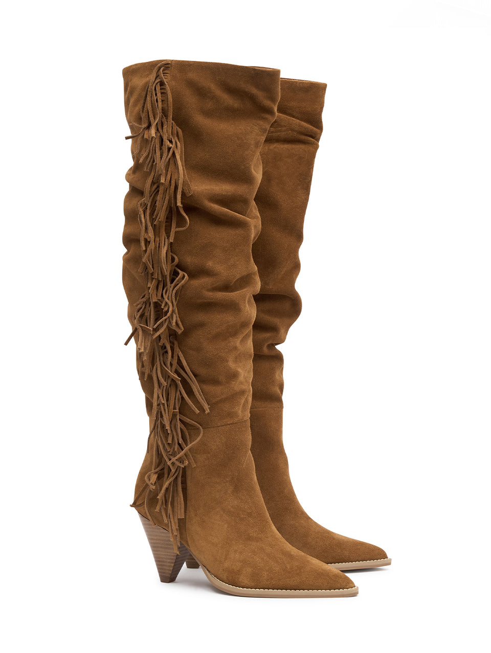 Myah Fringe Boot Tan KIVARI | Tan suede leather knee high boot