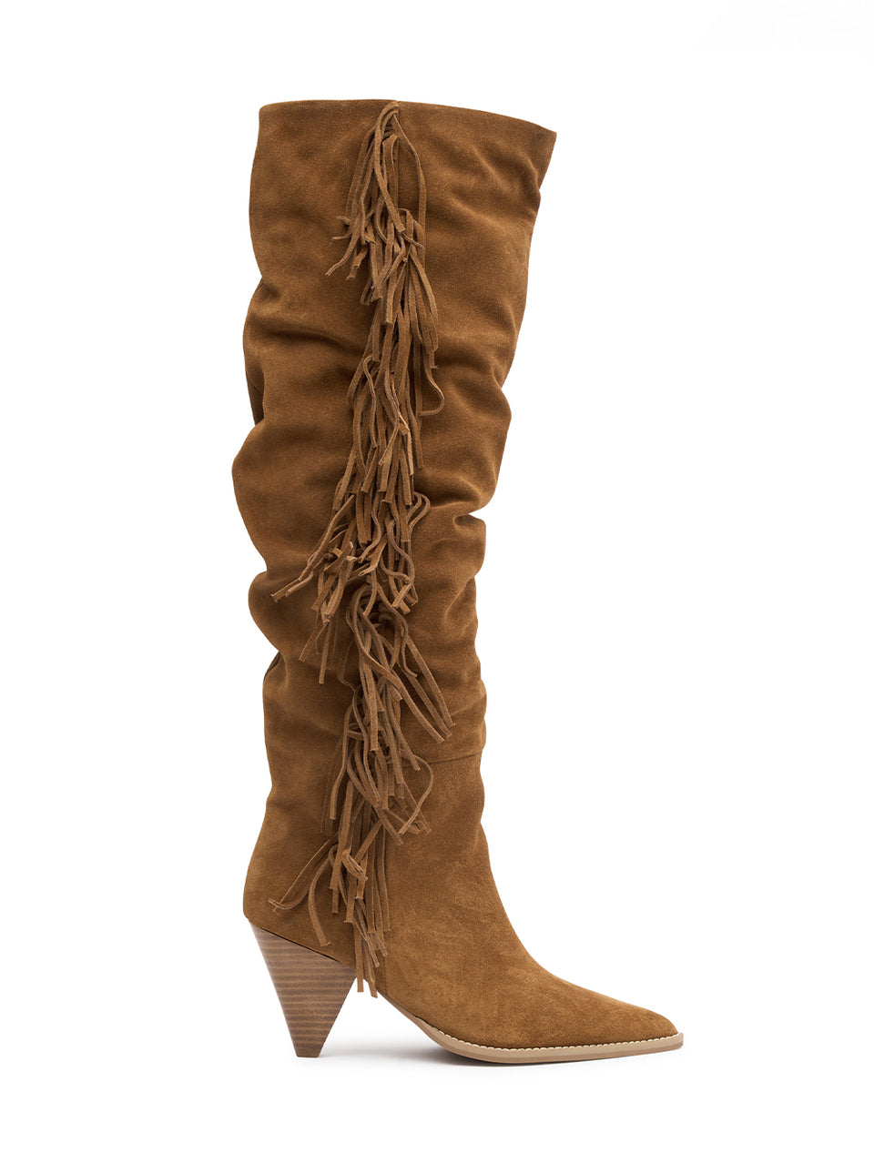 Myah Fringe Boot Tan KIVARI | Tan suede leather knee high boot side view