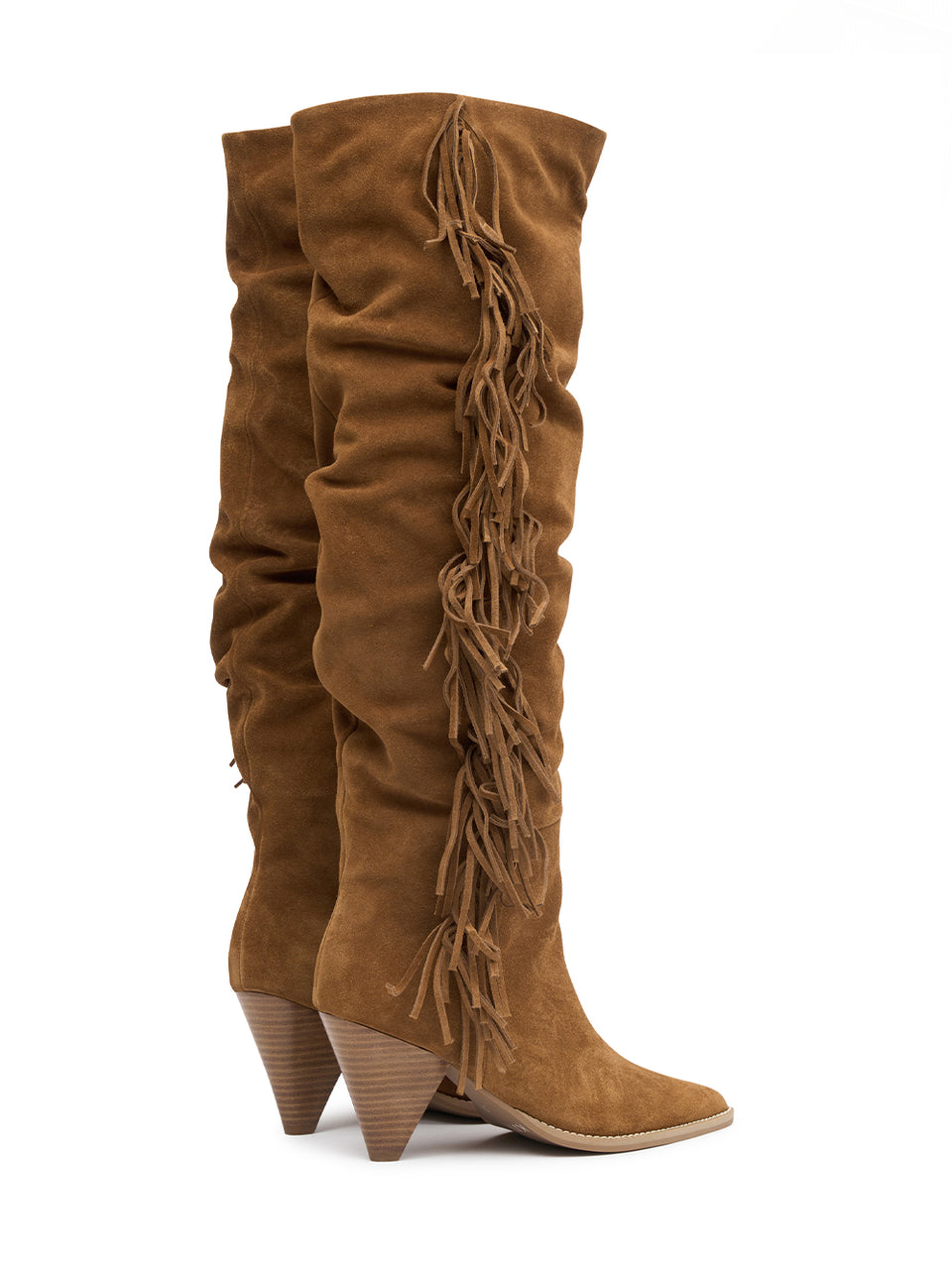 Myah Fringe Boot Tan KIVARI | Tan suede leather knee high boot back view