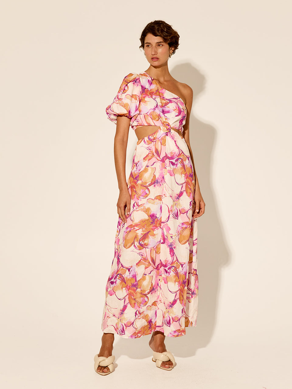 Nadia One Shoulder Midi Dress KIVARI | Model wears pink and orange watercolour floral midi dress