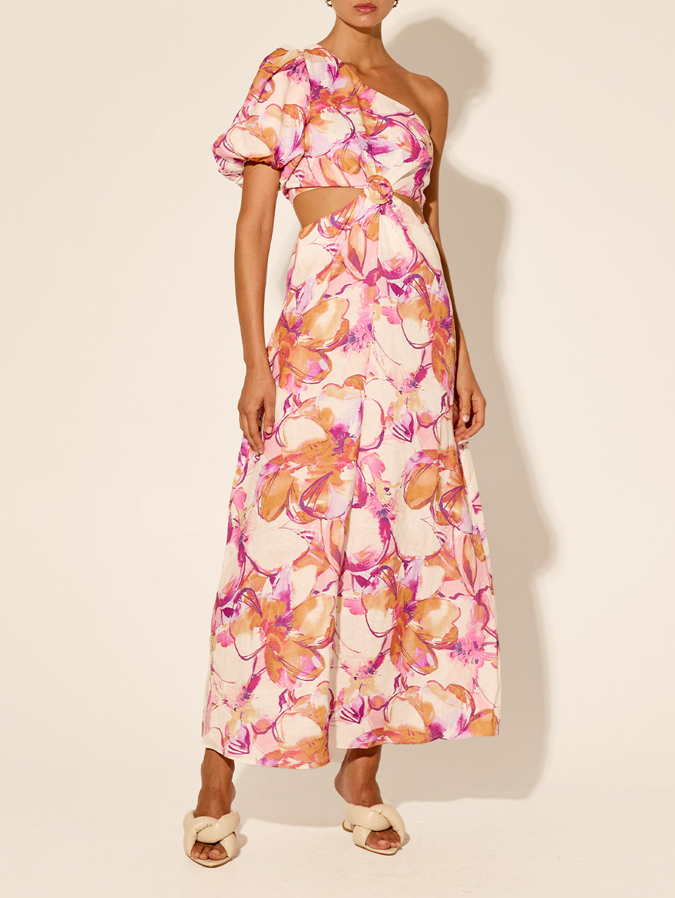 Nadia One Shoulder Midi Dress KIVARI | Model wears pink and orange watercolour floral midi dress