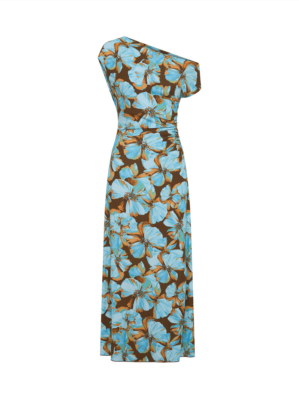 KIVARI Nieve Jersey Maxi Dress in Blue Floral Print – flat lay product shot of women's one-shoulder jersey maxi dress with ruched waist