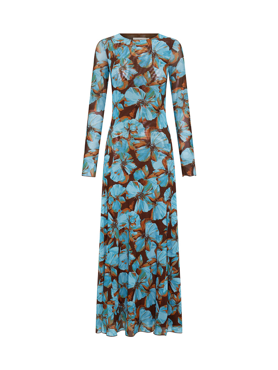 KIVARI Nieve Mesh Maxi Dress in Blue Floral Print – flat lay product shot of women's long-sleeve floral mesh maxi dress