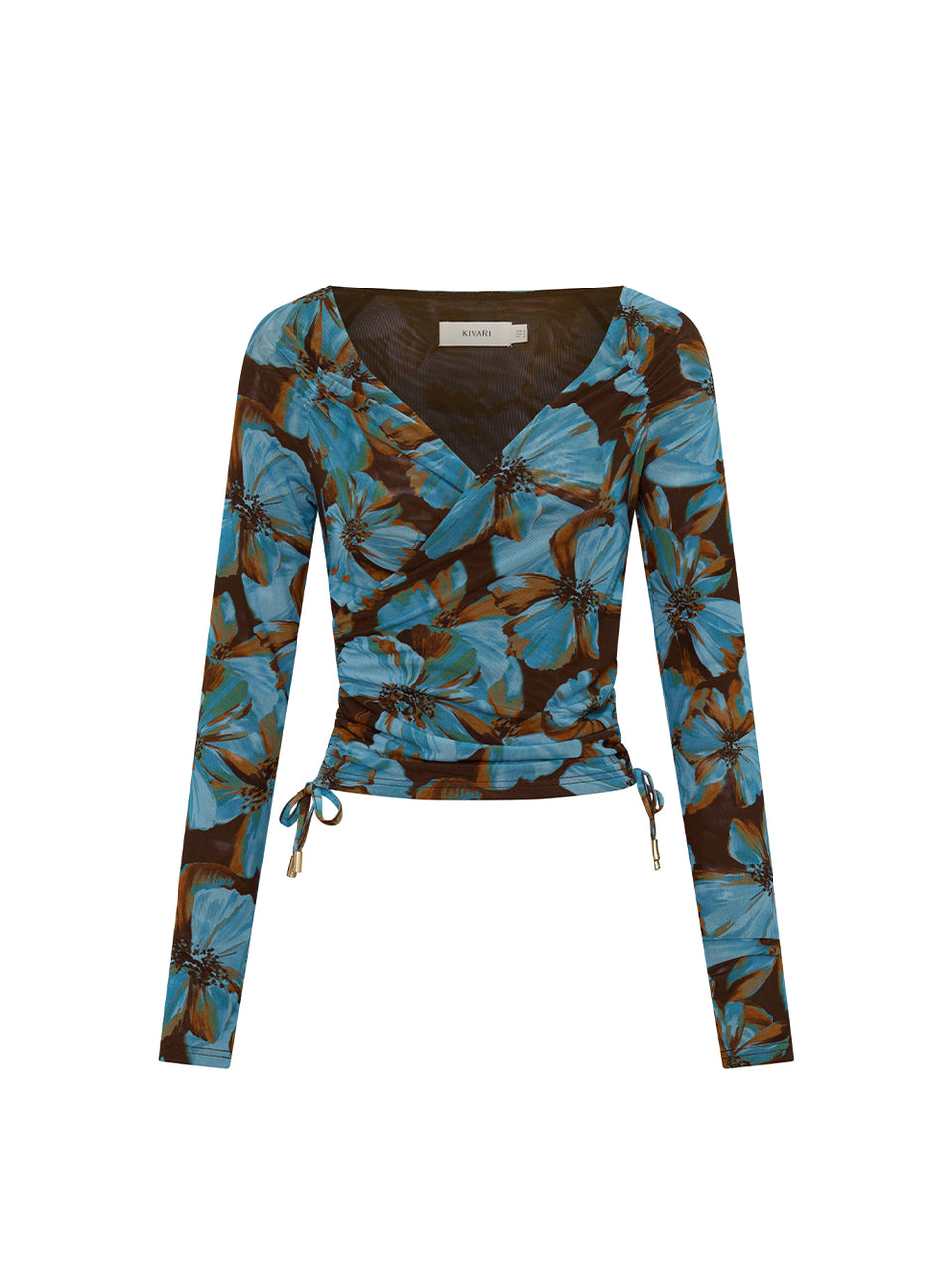 KIVARI Nieve Mesh Top in Blue Floral Print – flat lay product shot of women's long-sleeve wrap mesh top with drawstring hem