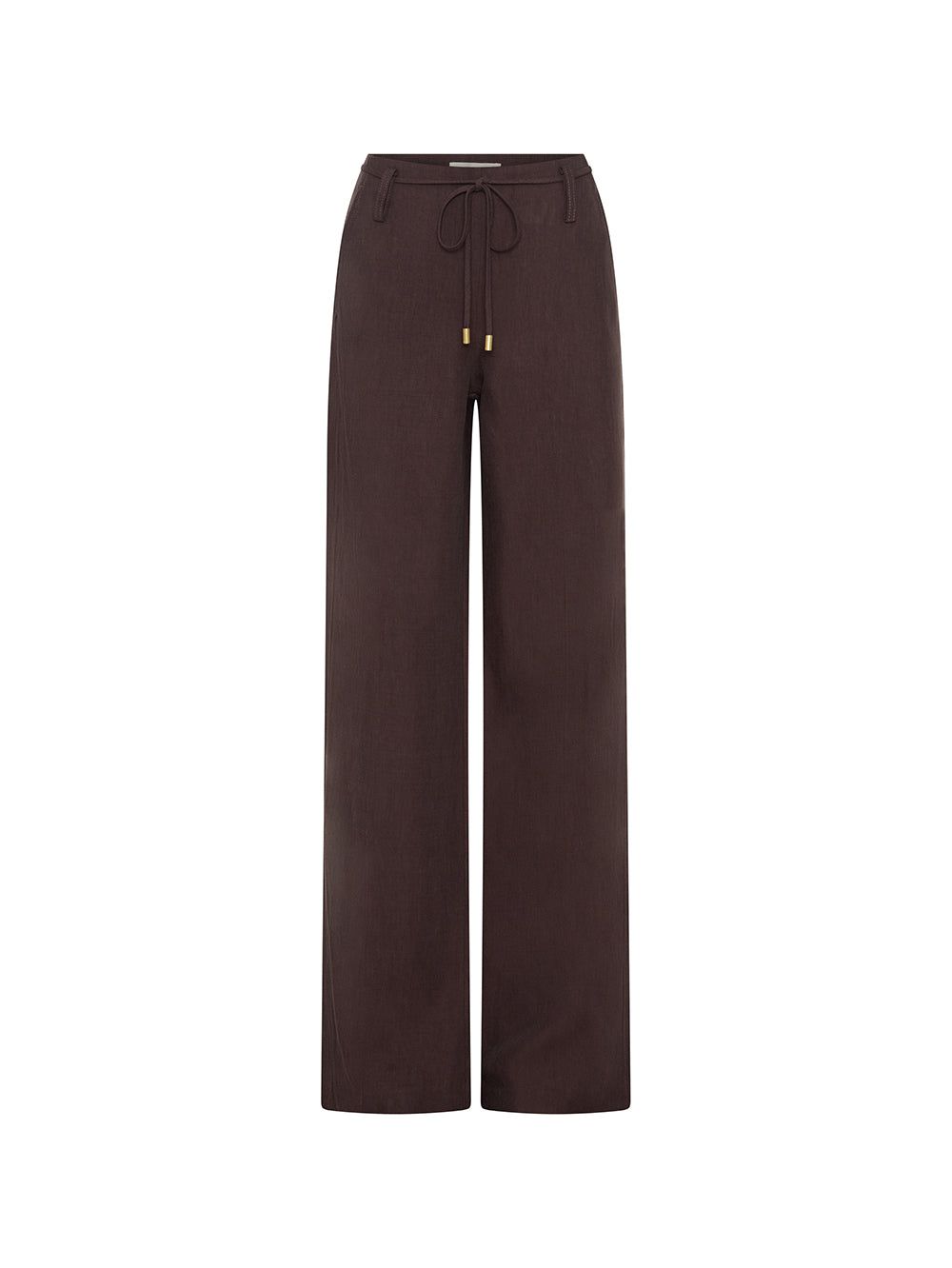 KIVARI Nyah Pant in Plum - wide-leg pants with drawstring waist, ghost mannequin front view on white background