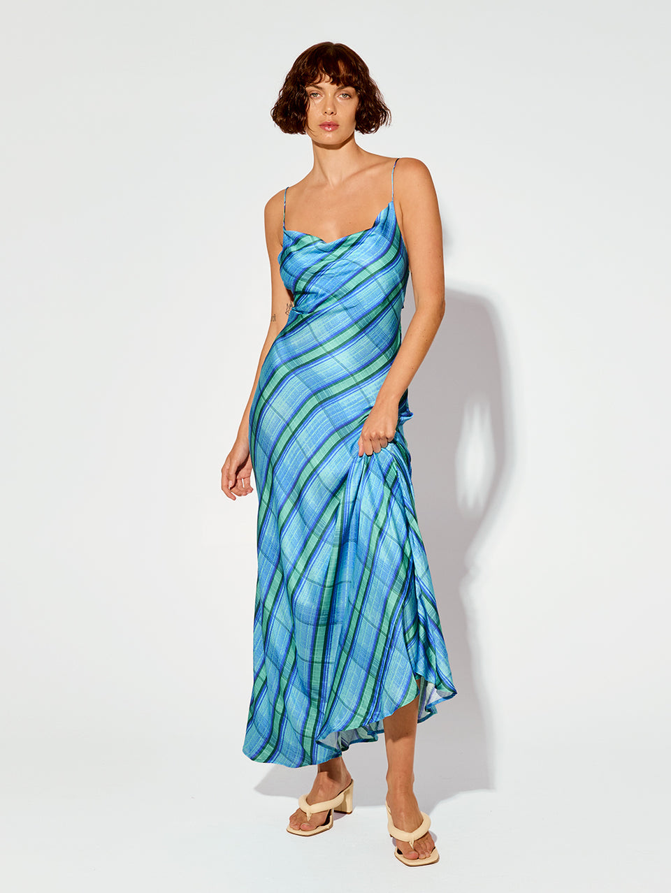 Oceana Slip Dress KIVARI | Model wears blue check print slip dress