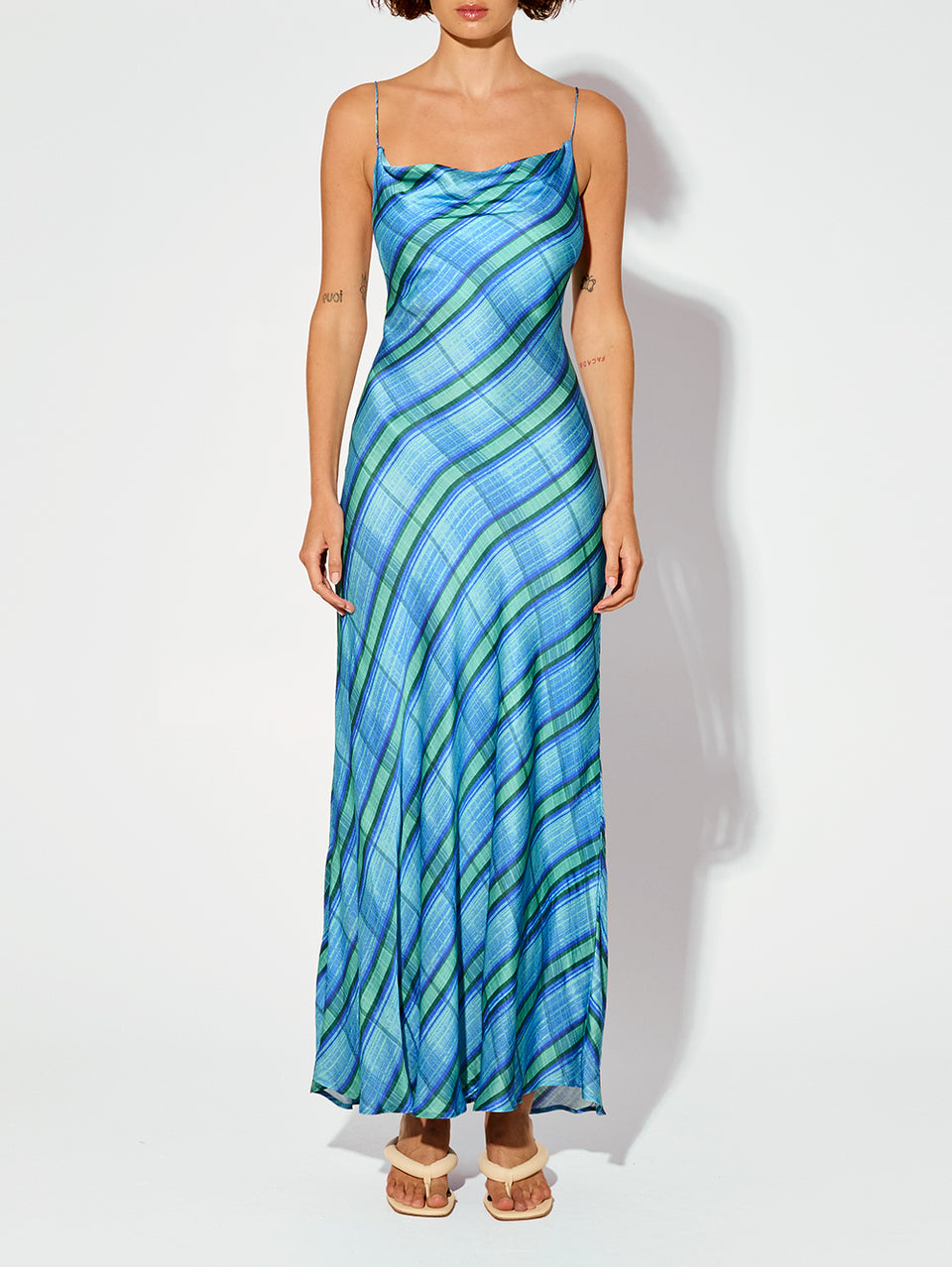 Oceana Slip Dress KIVARI | Model wears blue check print slip dress