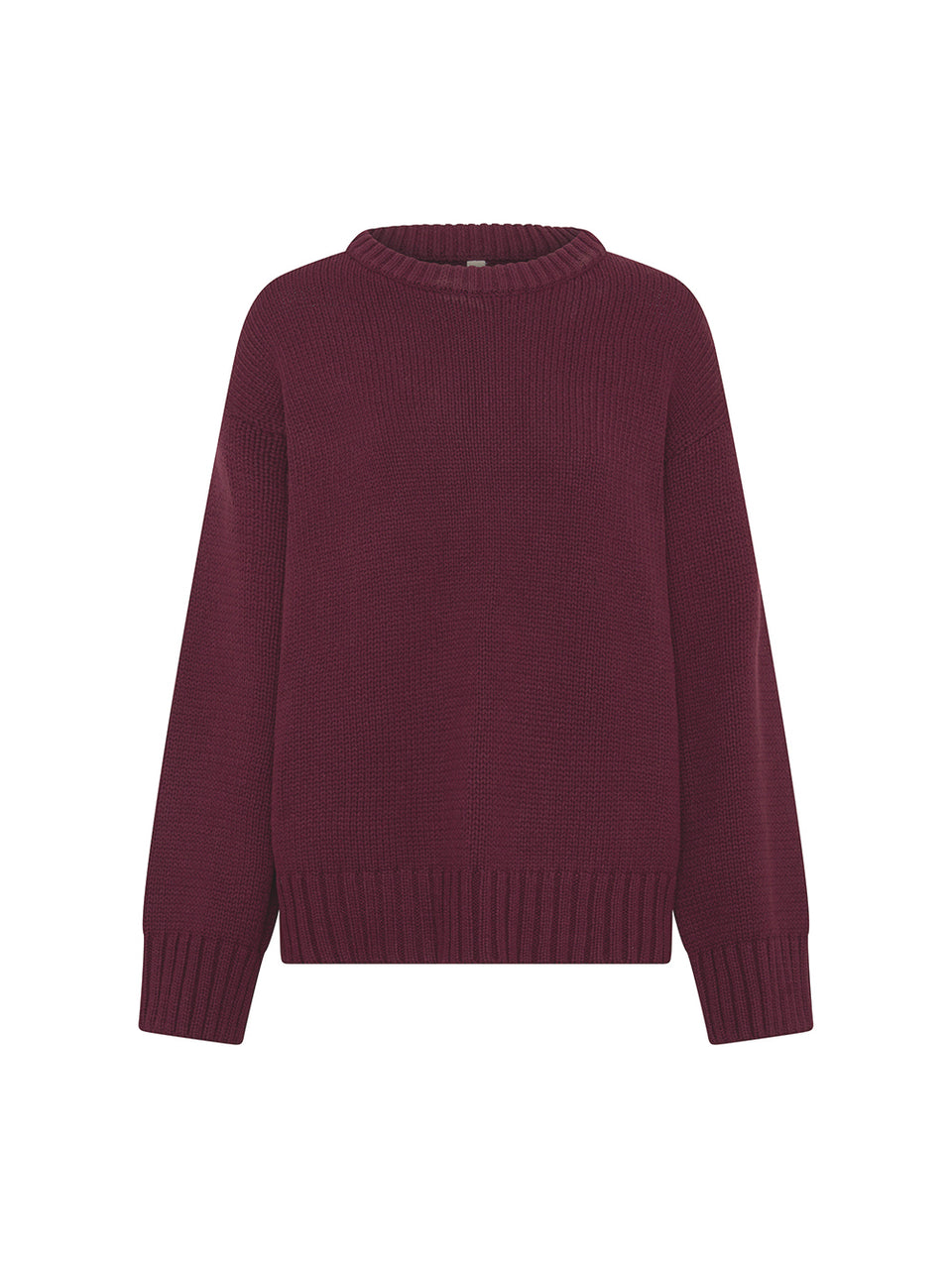 KIVARI Odette Crew Neck Jumper in Plum - ghost product shot of dark burgundy ribbed knit sweater on white background