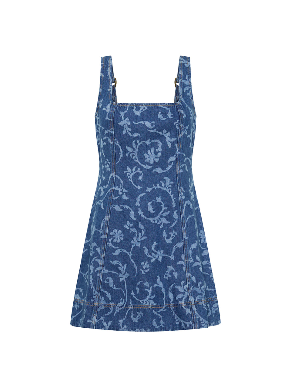 Oriana Denim Dress in Elina print, denim pinafore dress with floral damask pattern and square neckline