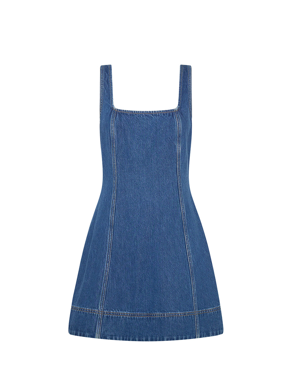 Blue denim dress with straps on a white background