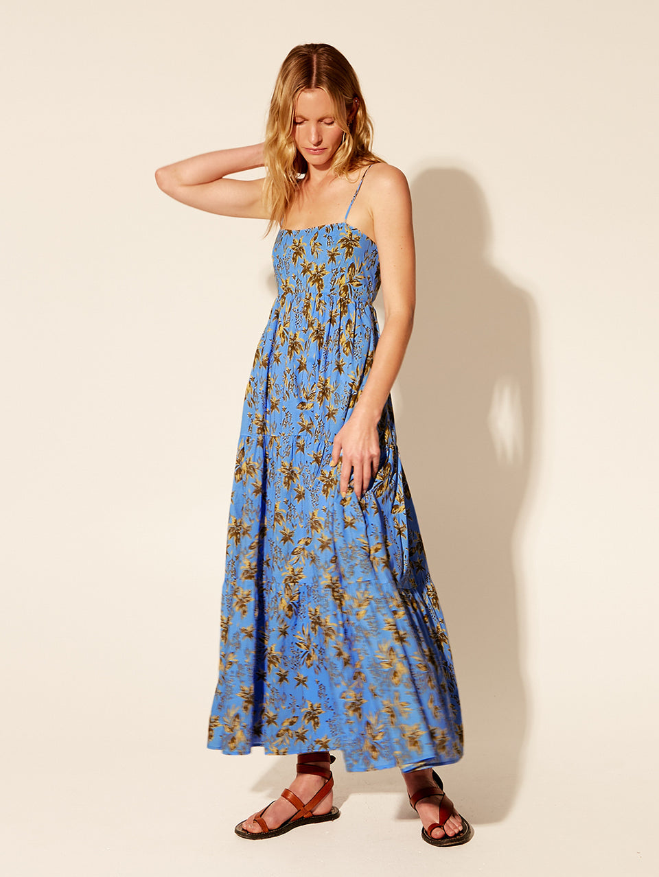 Paola Maxi Dress KIVARI | Model wears blue maxi dress side view