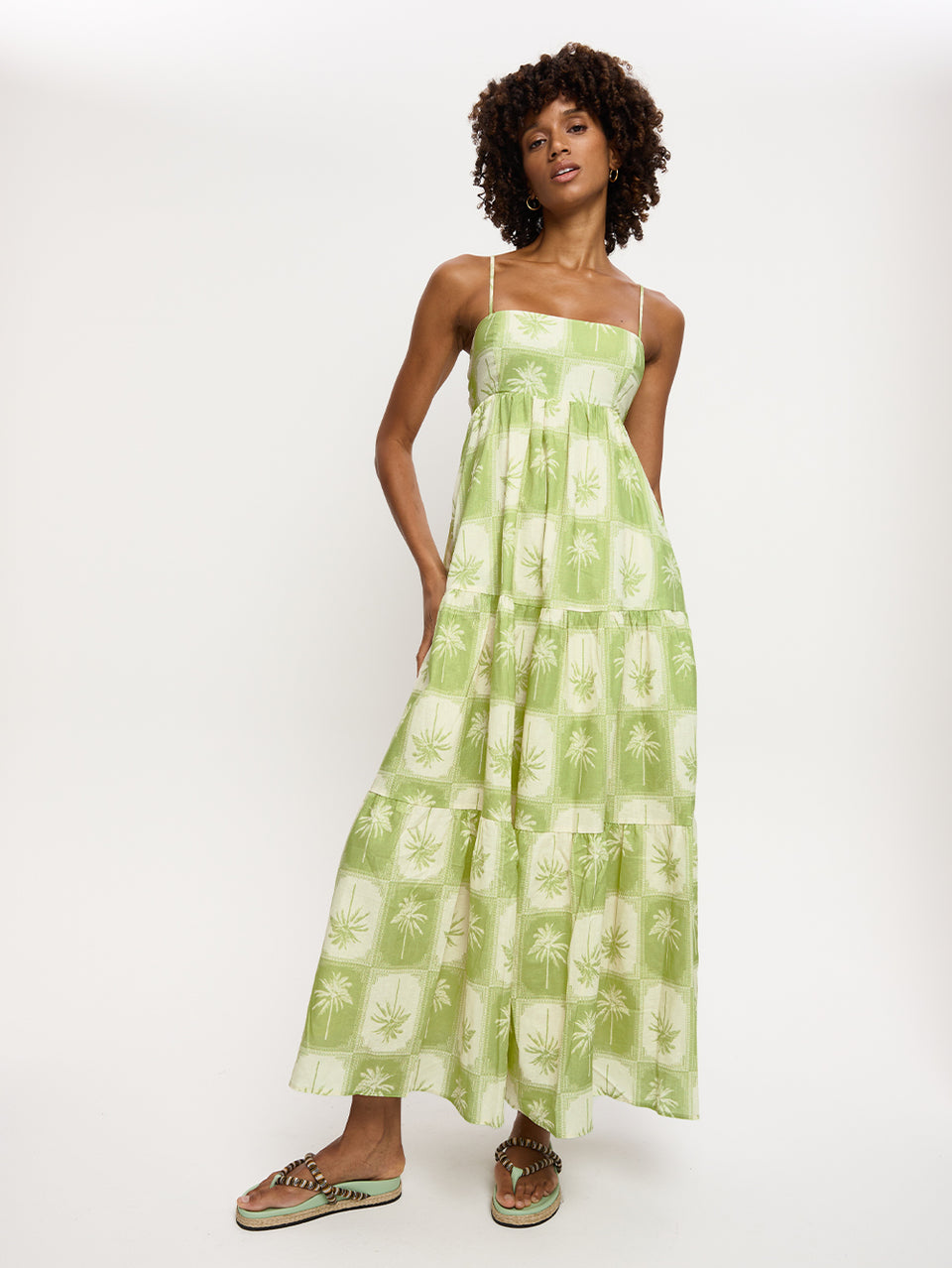 Paradiso Maxi Dress KIVARI | Model wears palm tree printed maxi dress