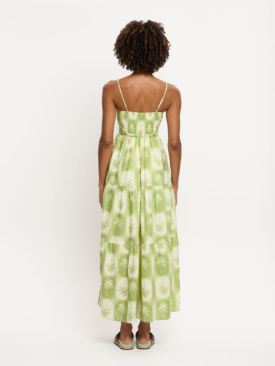 Paradiso Maxi Dress KIVARI | Model wears palm tree printed maxi dress back view