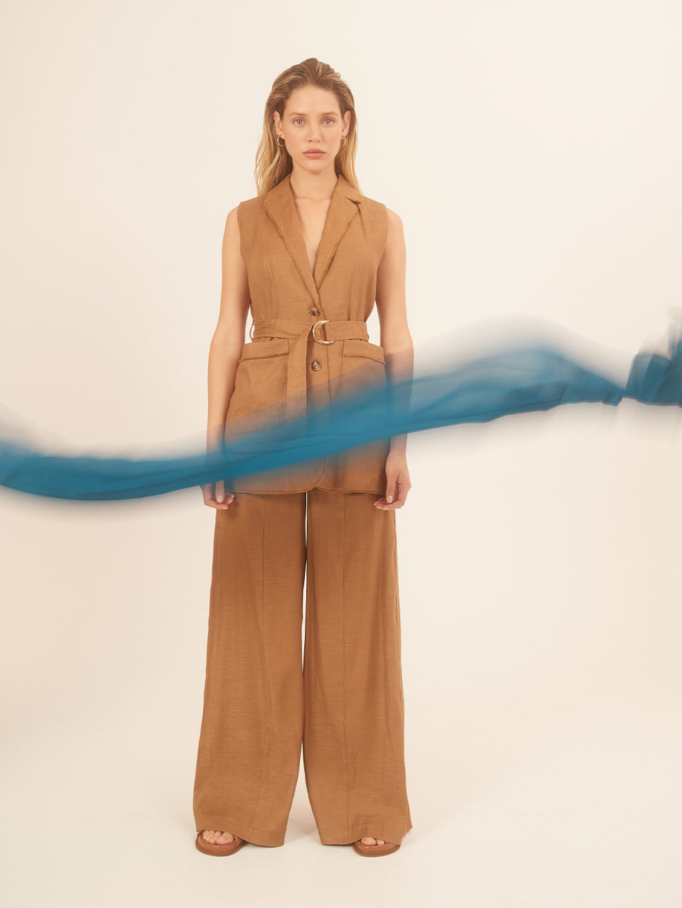 Penelope Vest KIVARI | Model wears brown tailored vest campaign