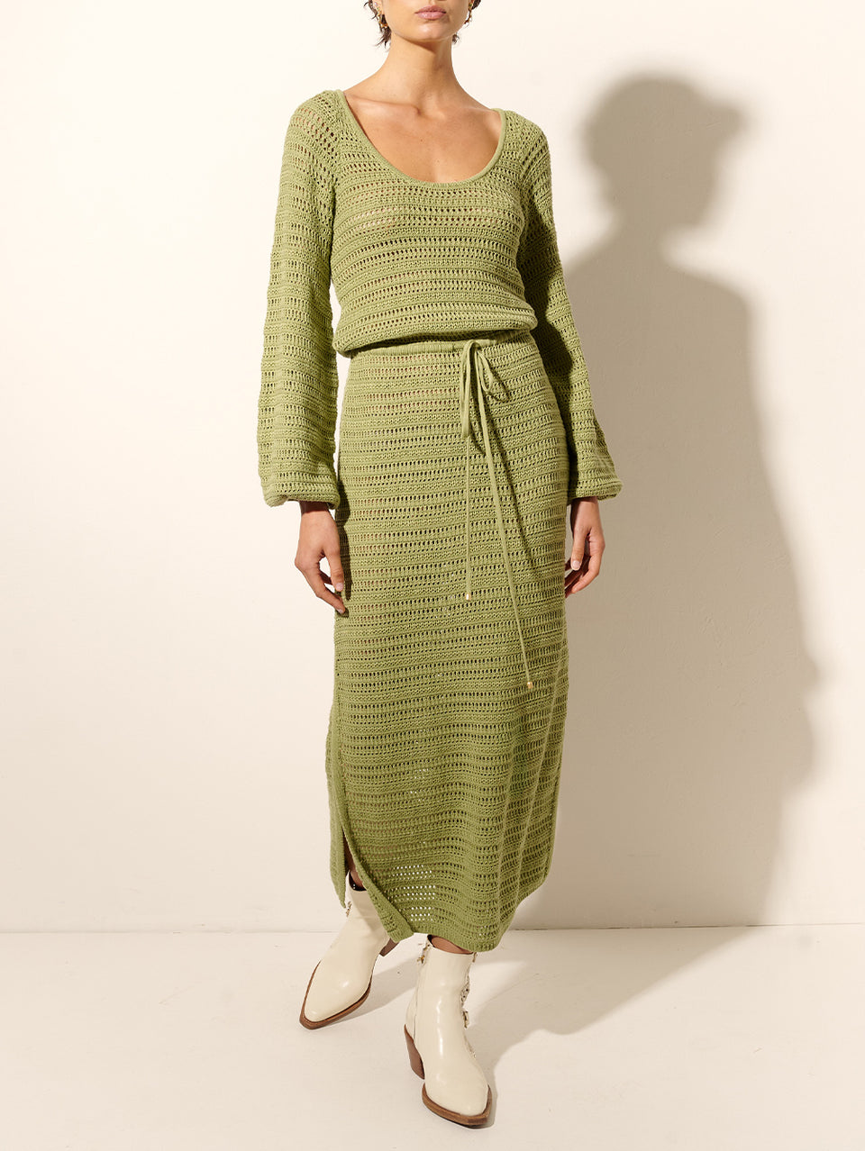 Pepe Knit Dress Avocado KIVARI | Model wears avocado green knit maxi dress