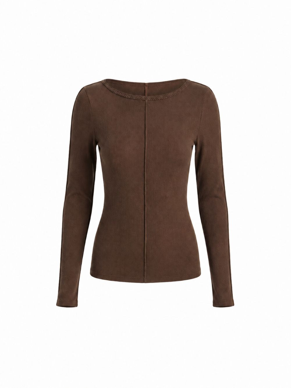 KIVARI Quinn Knit Top in Chocolate, ghost mannequin product photo
