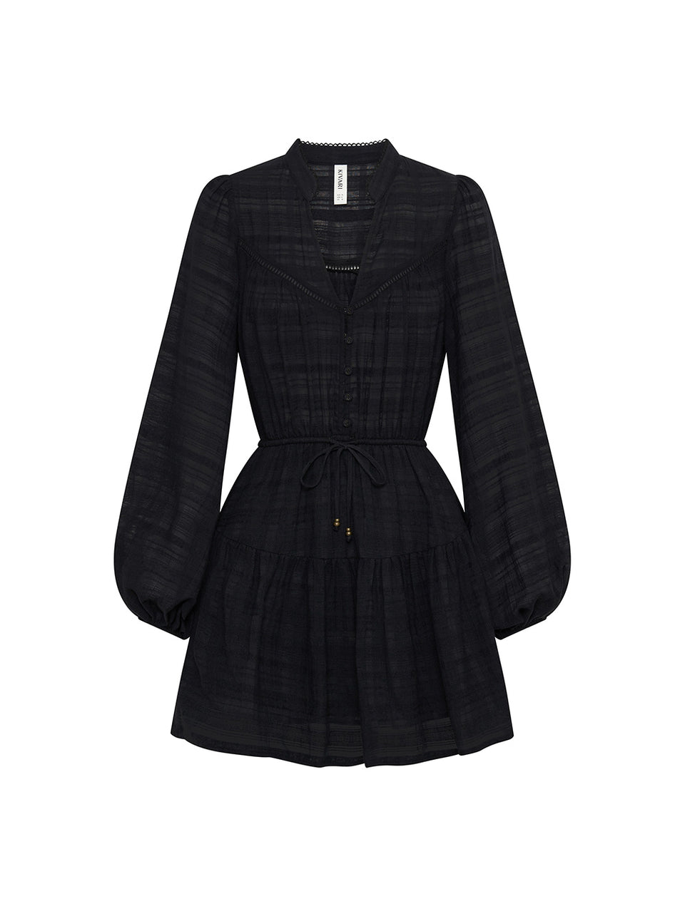 Ghost image of KIVARI Rafaelle Mini Dress: a black dress made from cotton check featuring a button-front bodice, full-length blouson sleeves, drawstring waist and gathered hem frill.