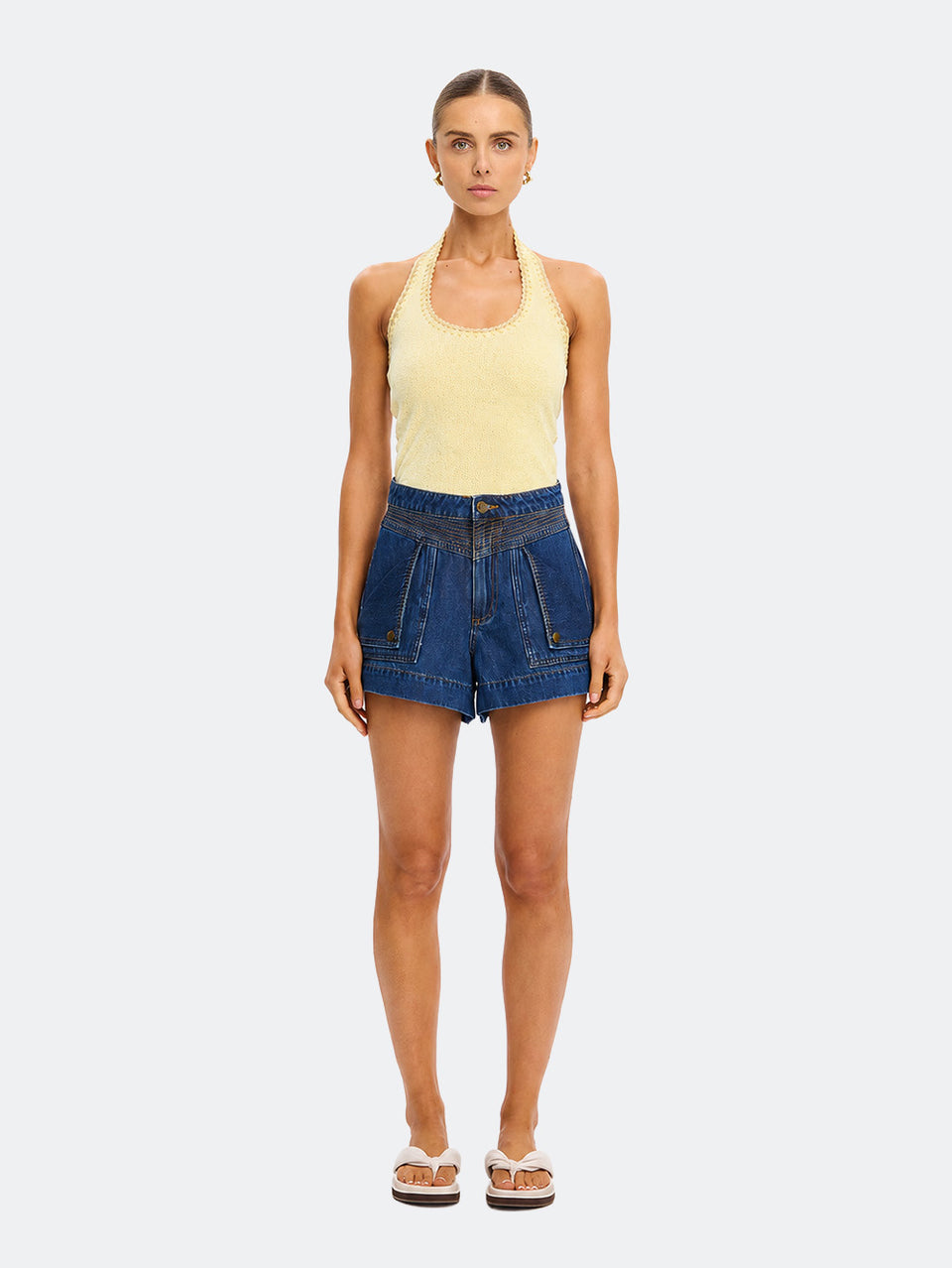 Rhea Halter Top in Butter yellow, knit halter top styled with denim shorts and tan sandals
